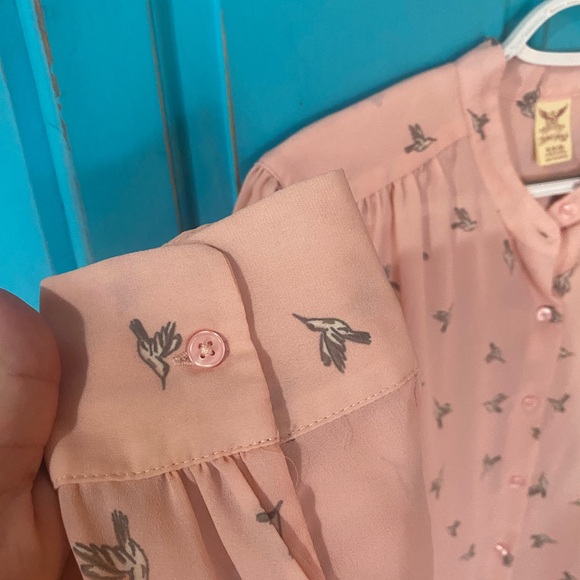 Pink Blouse with Bird Pattern - Lightweight- Balletcore - Girly Moto Collar - Picture 8 of 9